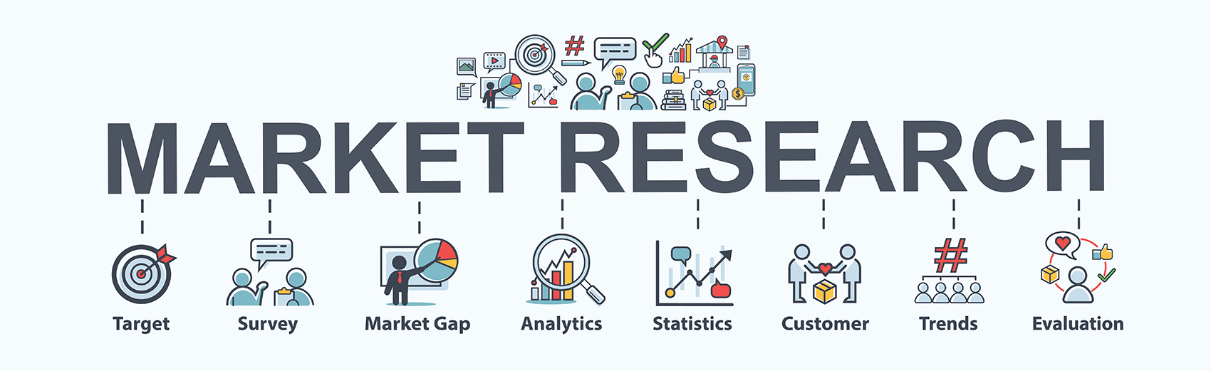 Market research which includes social media marketing, target, survey, market gap, customer, trends, analytics and statistics.