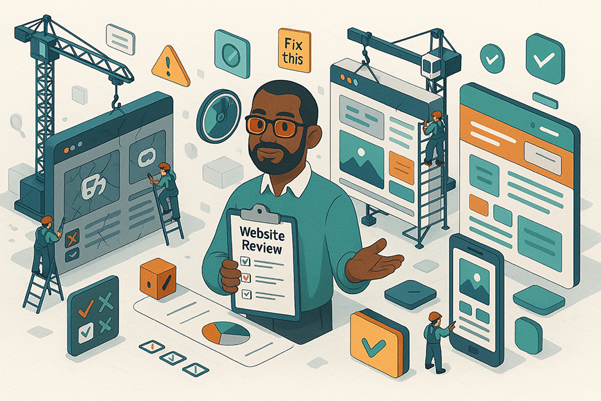 Consultant holding a website review checklist beside browser windows under construction
