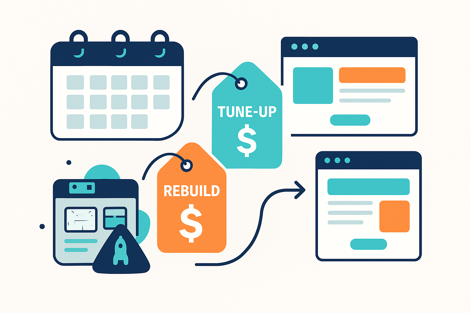 Website redesign cost comparison showing tune-up and rebuild price tags with a project calendar