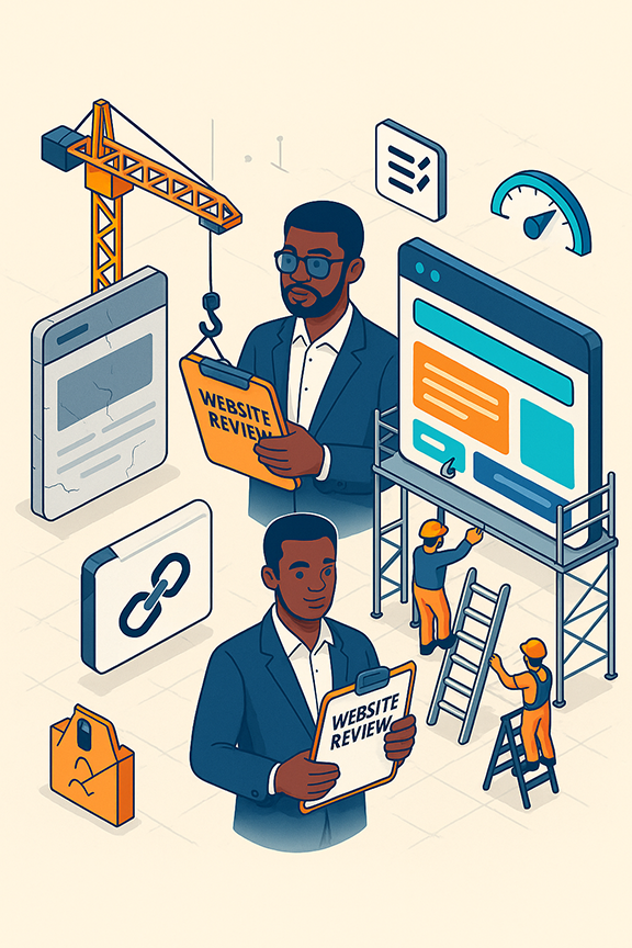 Website rebuild illustration: a crane lifting an outdated page while a new site is built