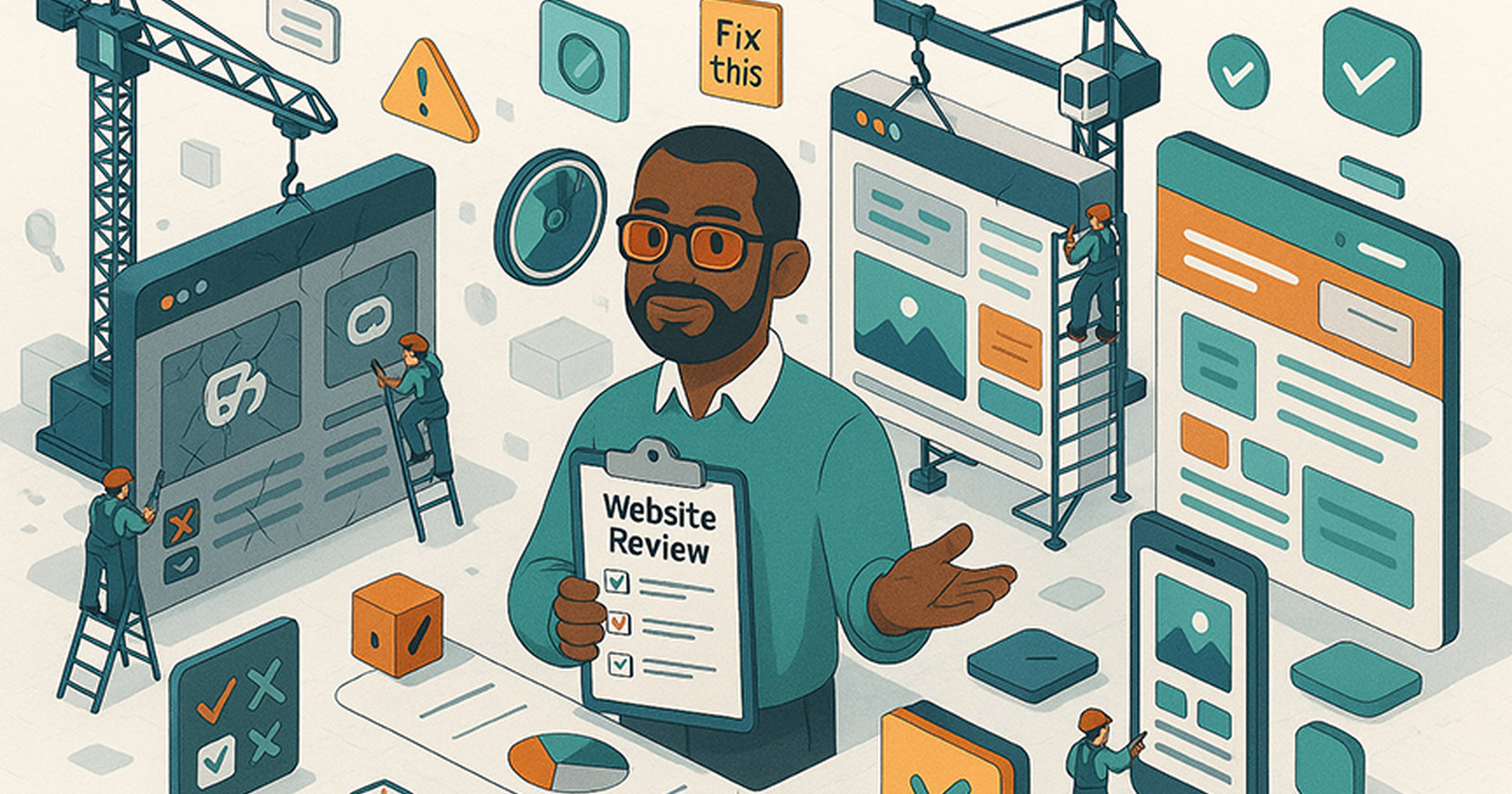 Consultant holding a Website Review checklist beside browser windows under construction