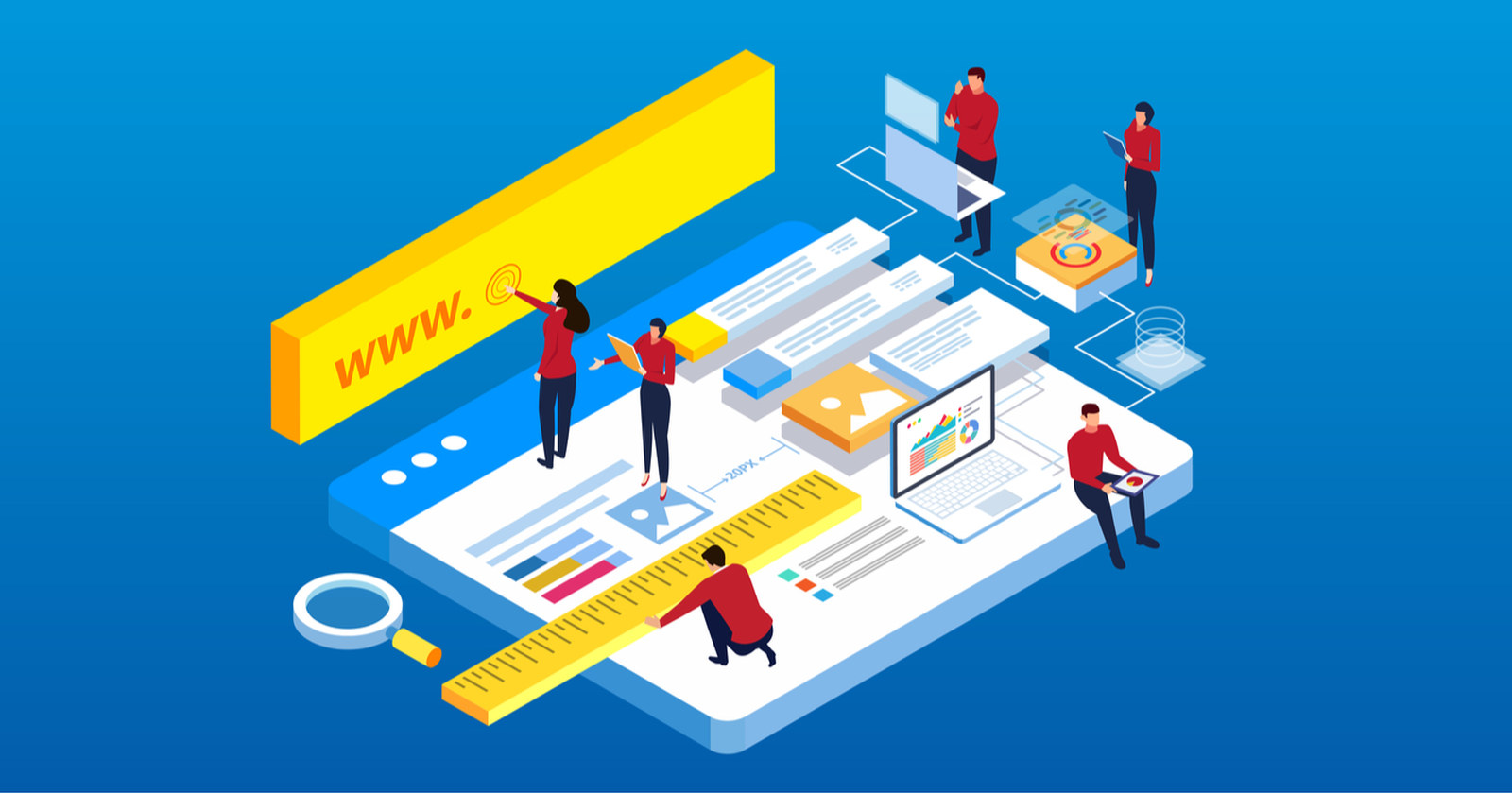 Isometric illustration of a team building and measuring a website layout