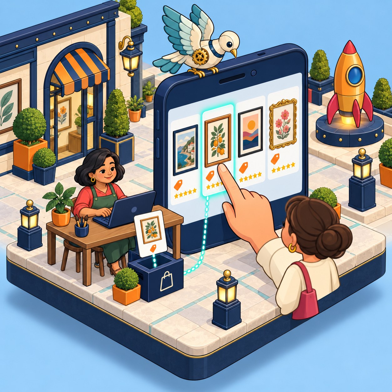 An art shop owner loads her product details, and her print shows up in a shopping row on a phone.