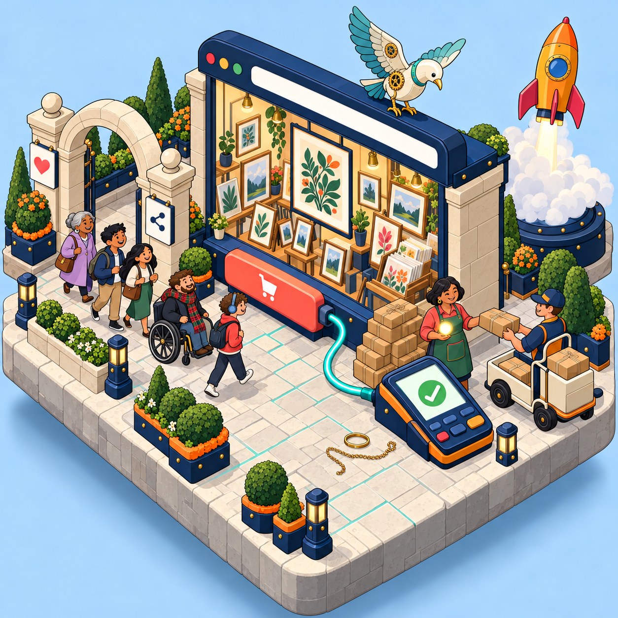 With the checkout plugged in, buyers who love the art walk in and packages stack up by the counter.