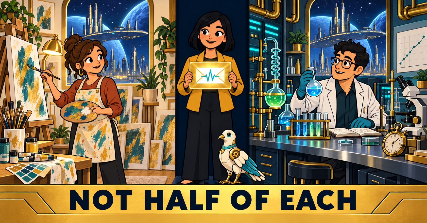 An artist at her easel in one room and a scientist at his bench in another, each whole and absorbed, with a third person standing in the gap between them holding up a single card that carries both of their symbols in one.
