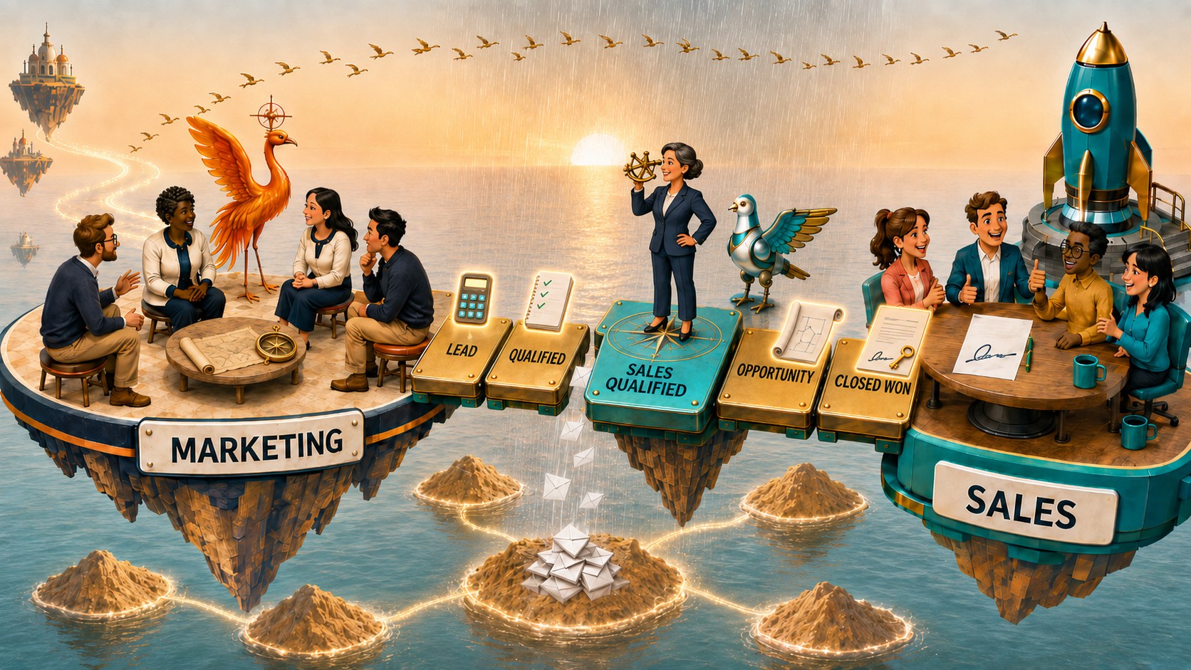 A long bridge from marketing to sales, a gap in the middle, and one person checking each envelope.