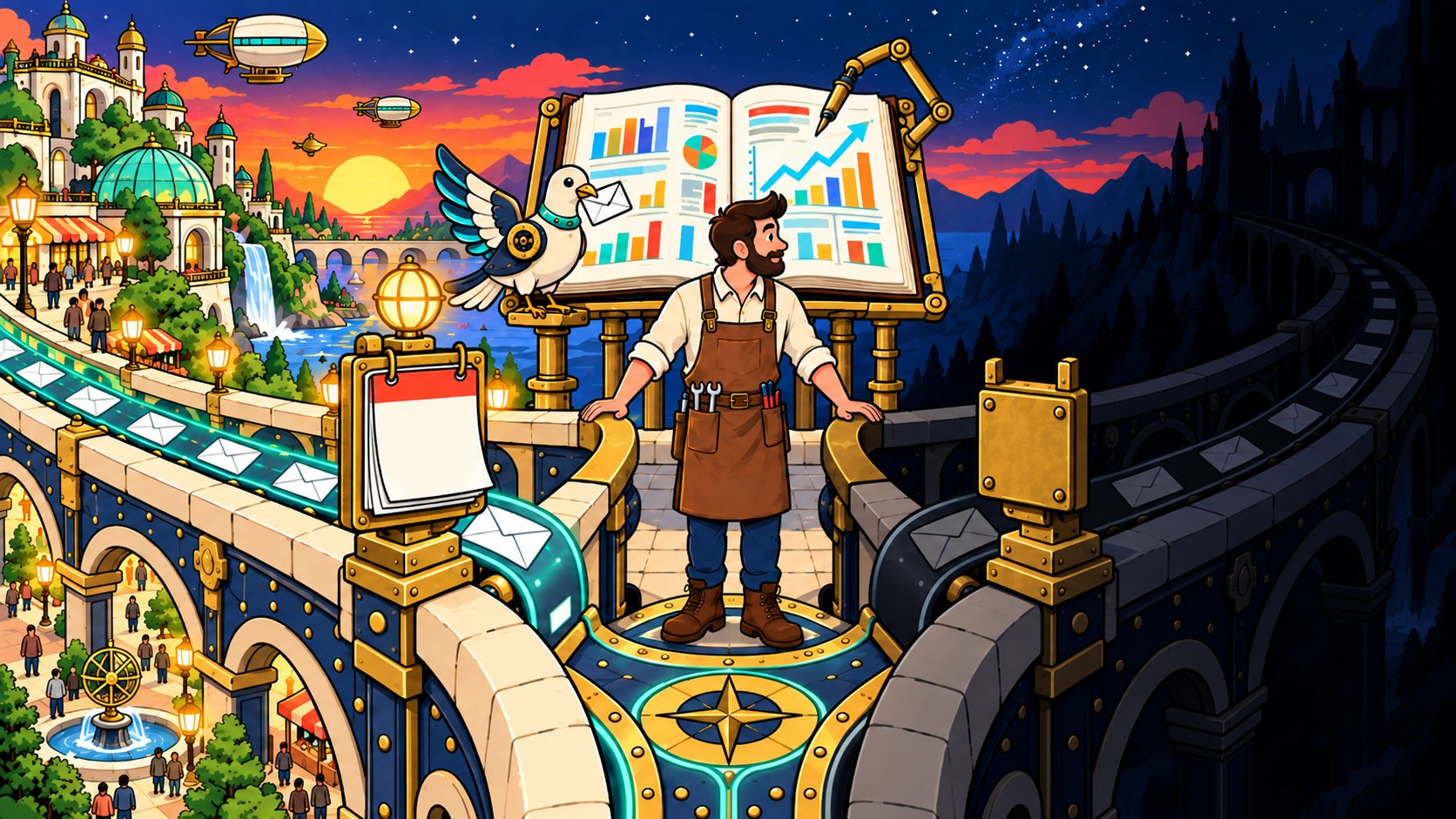 A man at a fork in the bridge: the left way is lit and carries a calendar plate, the right way is dark with an empty bracket where its lamp should be, while a ledger of bright charts behind him is ticked by a pen writing on its own.
