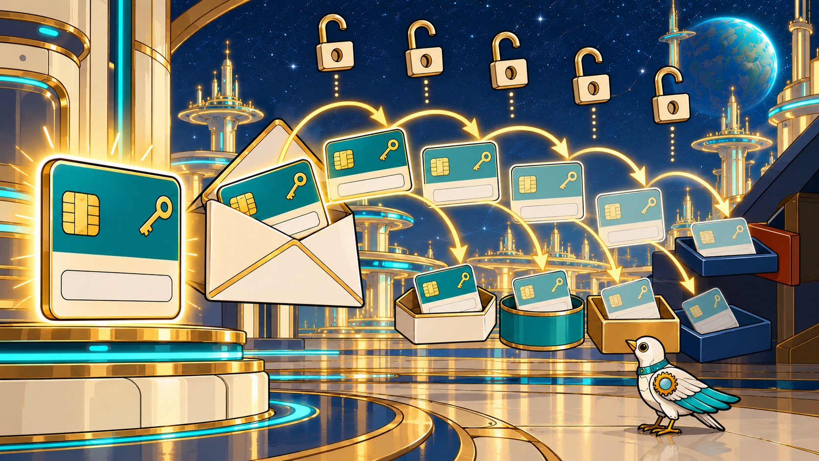 One access card duplicated into open boxes and an envelope, every padlock left unlocked.
