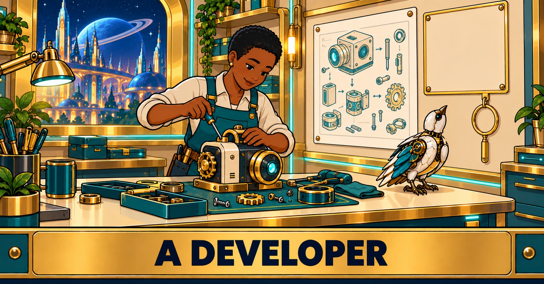 A developer building a machine from a pinned specification, beside a blank second sheet and an unused magnifier.