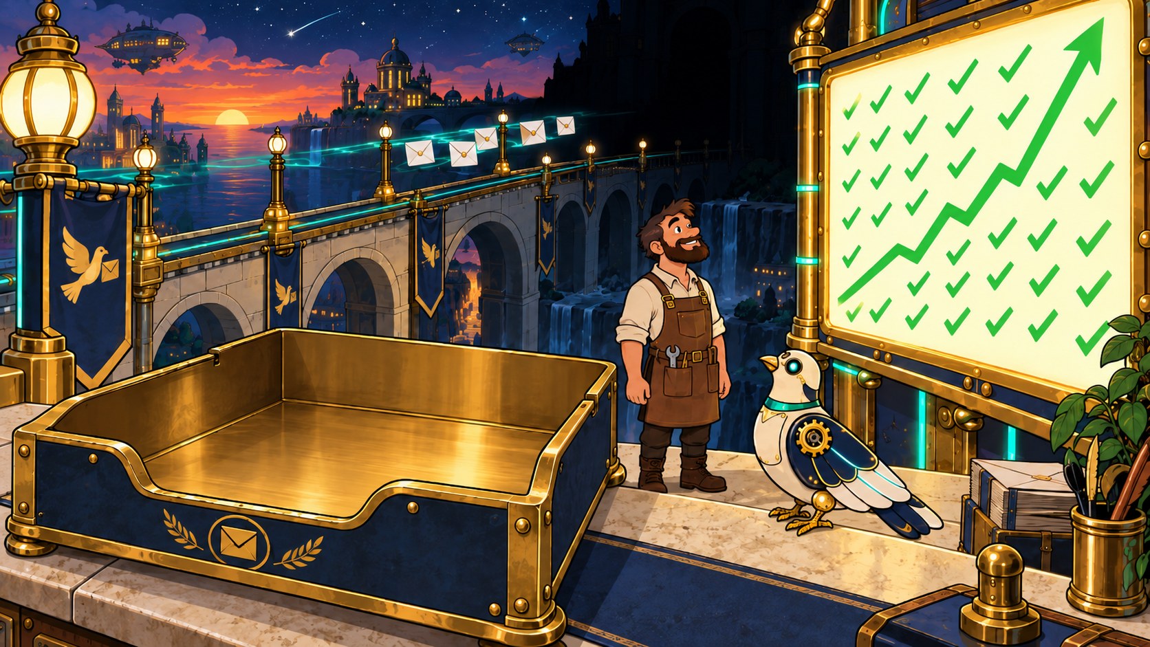 A man looks up at a glowing board of green ticks while the big brass letter tray beside him sits completely empty.
