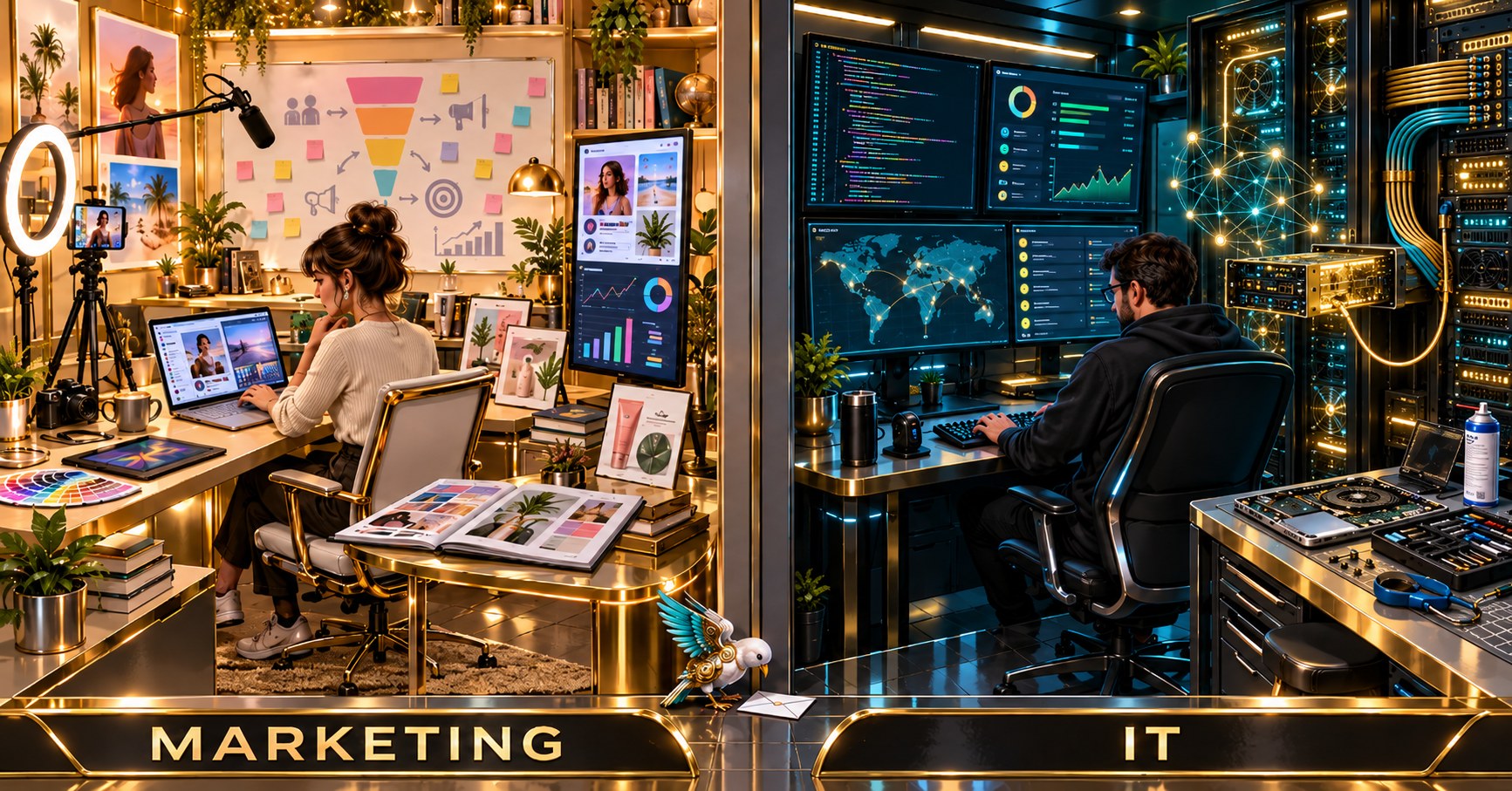 A marketing office and an IT room stand side by side, each person busy inside, and a single dropped envelope lies on the floor between them.