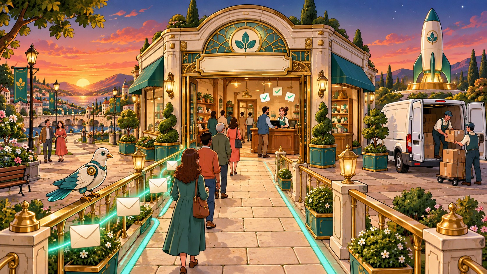 Customers walking into a busy business along a stone walkway with no gate, no meter and no toll on it, the rocket lit behind.