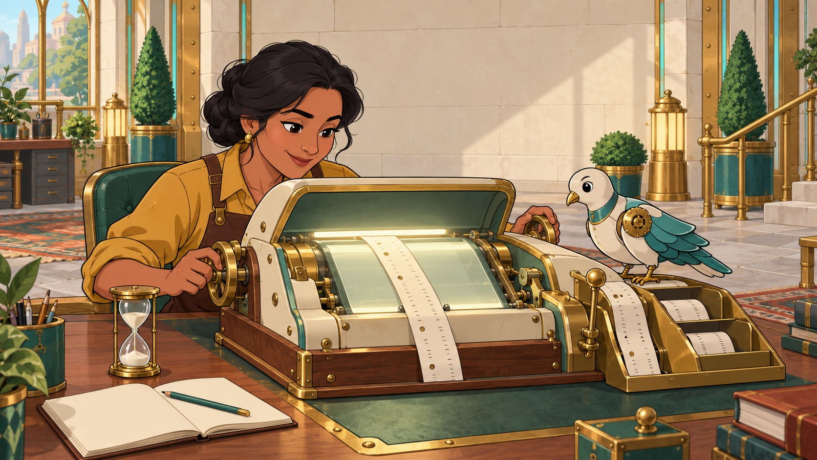 A business owner at her own reading instrument with both hands on its controls, an egg timer run through beside her and a blank notepad open.