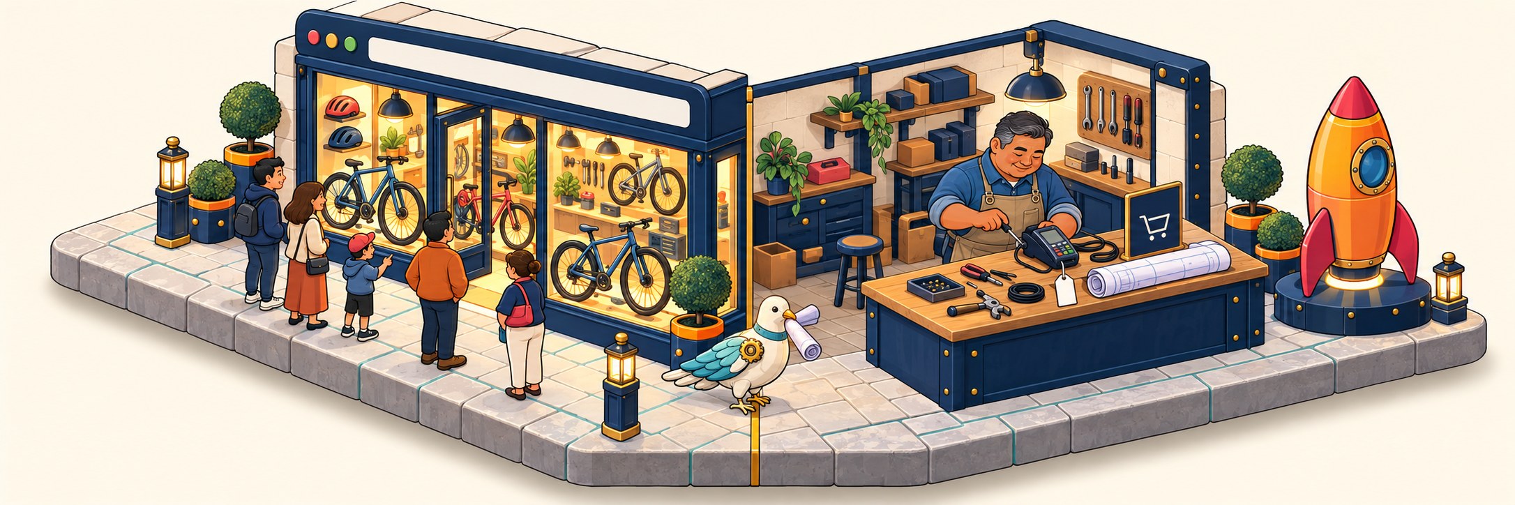 A bike shop whose storefront is finished and busy while its card reader is still being built.