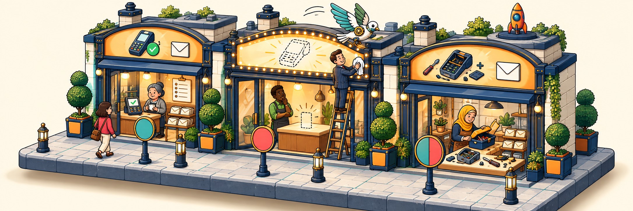 Three small shops one month in: one built and waiting, one with nothing built, one half built.
