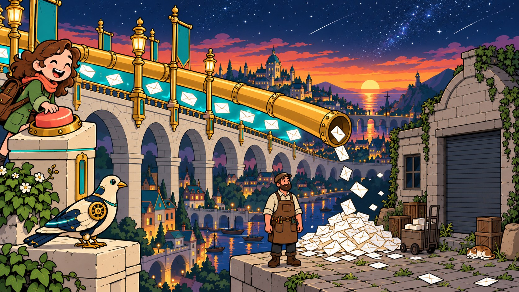 A visitor happily presses a button; the pipe carrying her message ends in mid air, spilling letters outside a shuttered depot.