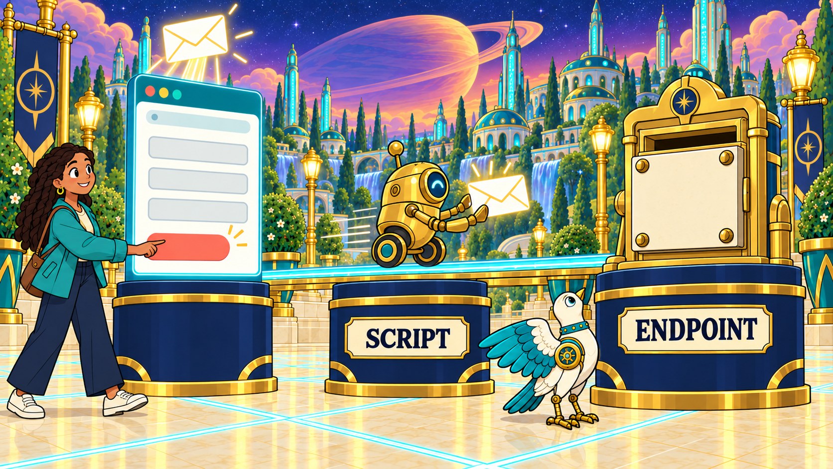 A woman presses the coral button on a browser window standing on a plinth, and an envelope rises out of it. A small brass courier robot on a plinth labeled SCRIPT carries that envelope along a lit rail toward a brass receiving port on a plinth labeled ENDPOINT, whose opening has been bolted shut with a stone plate. A mechanical dove looks up at the sealed port.