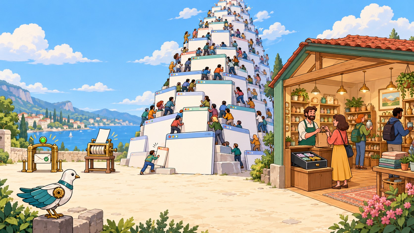 A crowd fights to climb a tower of web pages while the real sale happens in a shop beside it.