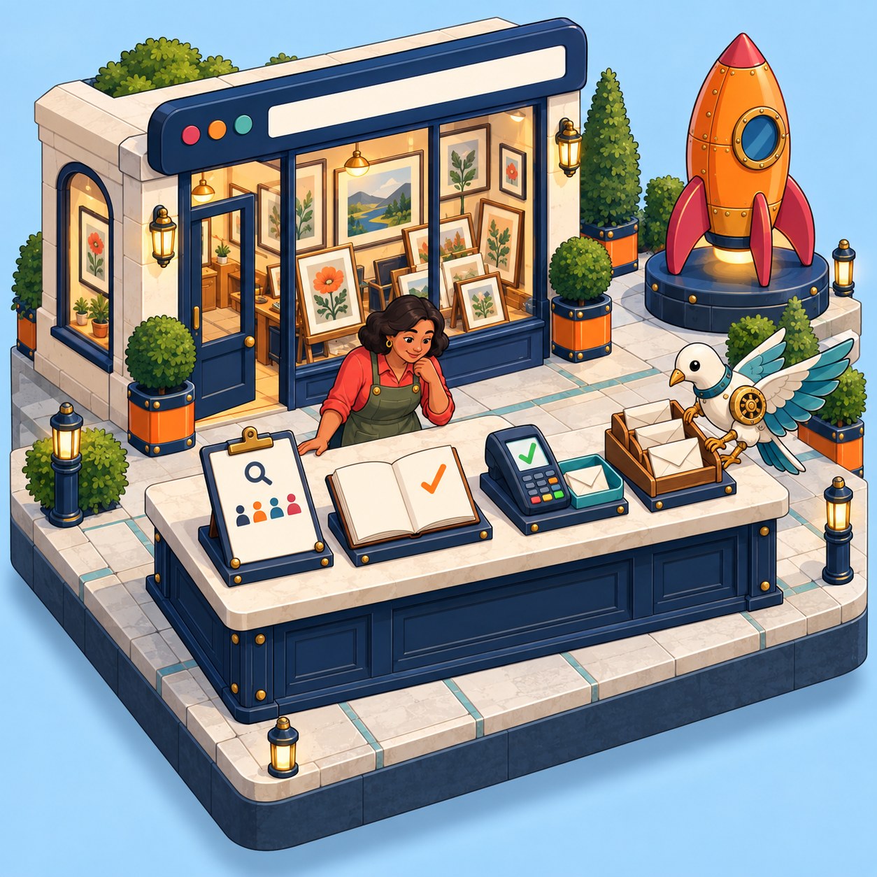 An art shop owner looks over four things she can check herself, laid out on her counter.