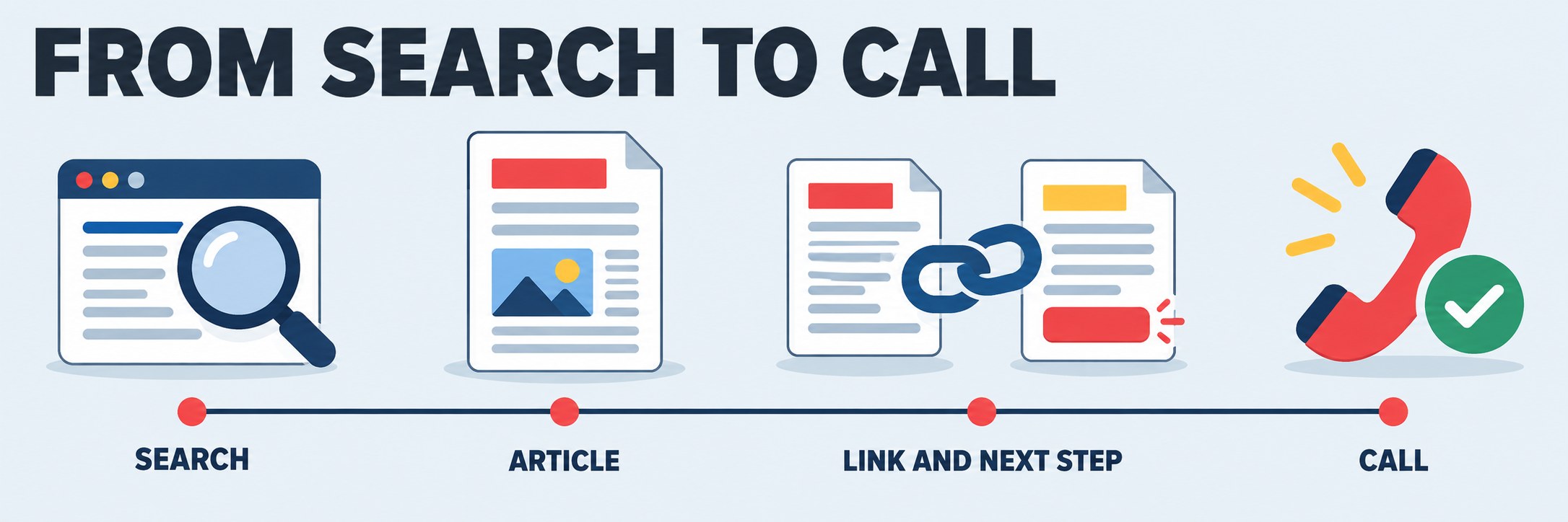 A timeline with four stops from search to call: search, article, link and next step, call.