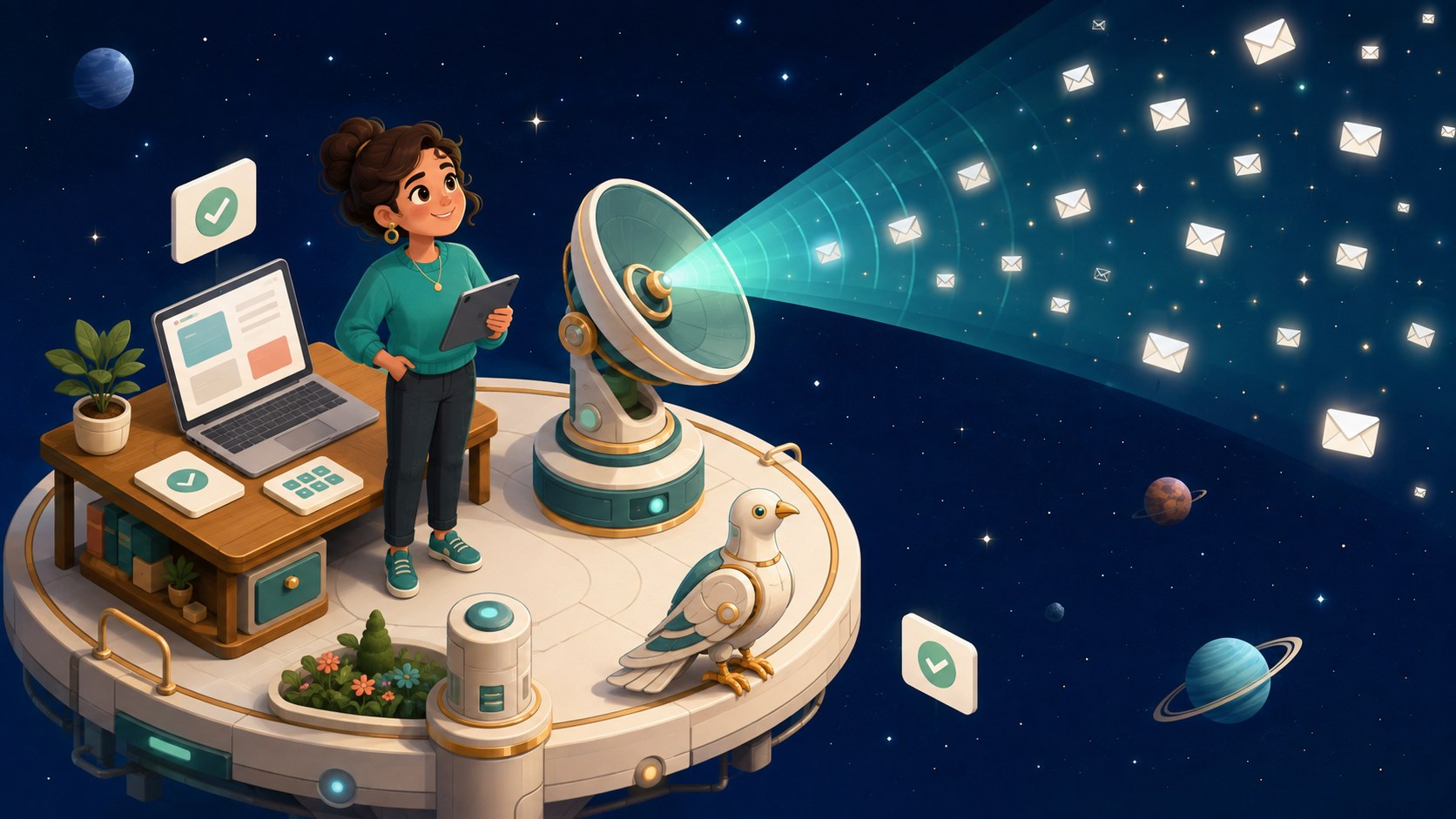 A woman on a floating platform beside a dish sending envelopes into a starry sky, a mechanical dove watching.