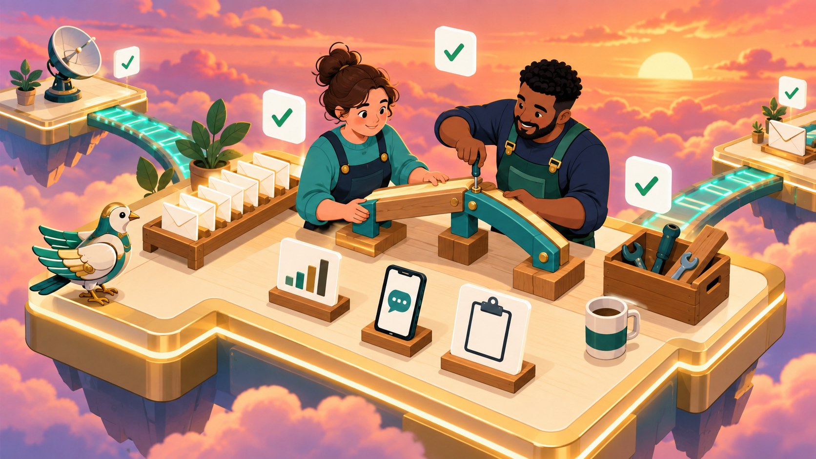 Two people build a bridge between two platforms while a queue of envelopes waits beside them, a phone shows an unanswered message, and tools are still out.