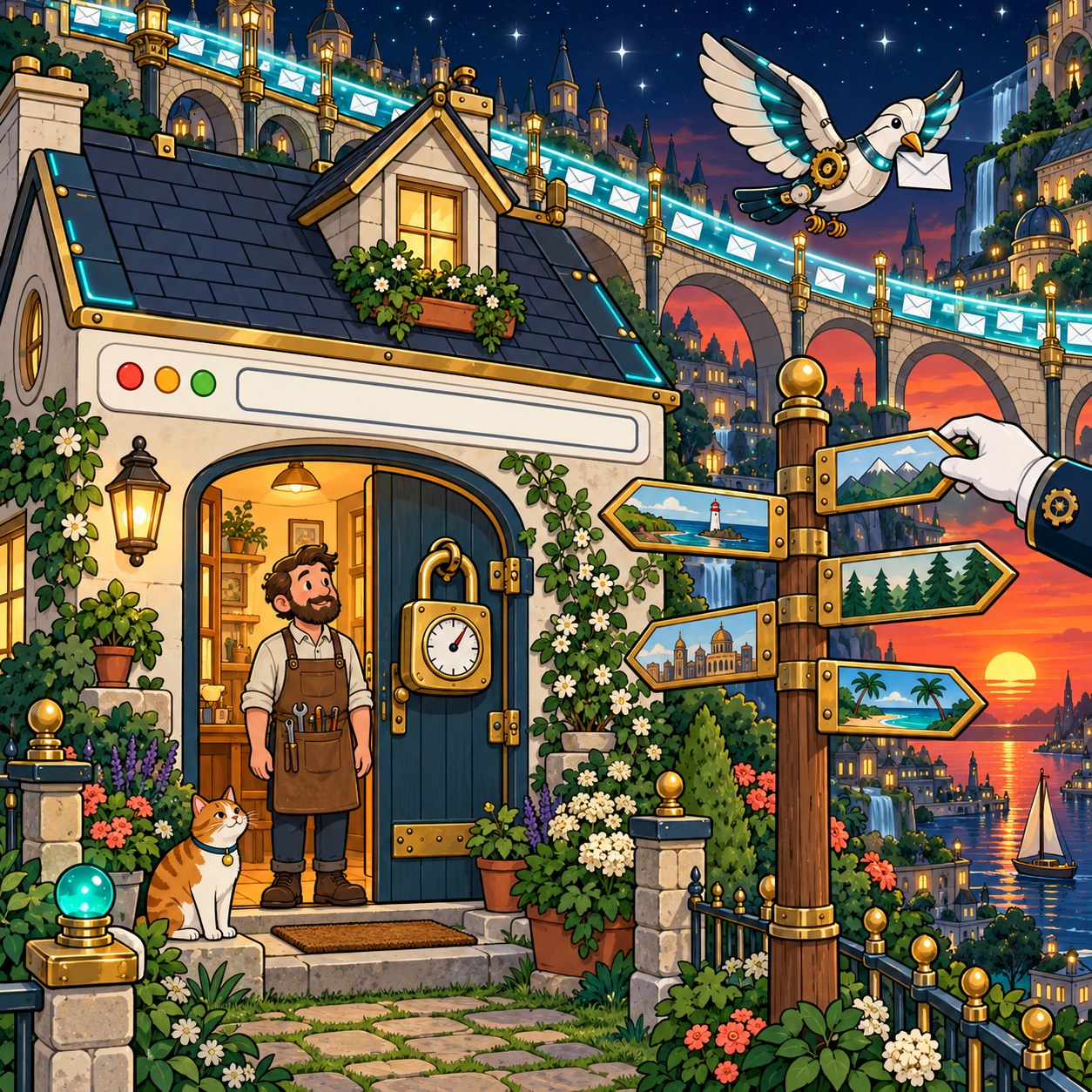 A house whose front is a browser window, a padlock with an expiry dial, and a signpost arm being swivelled by a gloved hand.