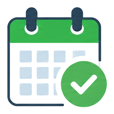 A calendar page with a check mark, the monthly site check icon