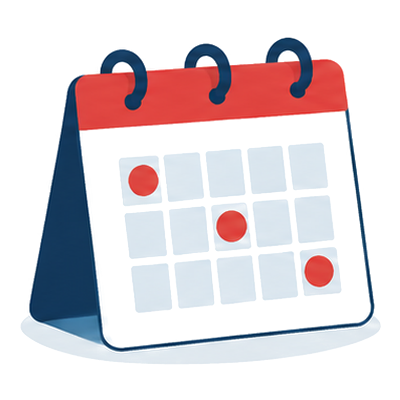 A calendar page with three red dots, the calendar from search data icon