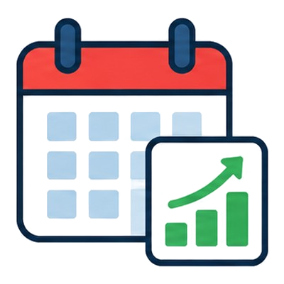 Calendar page with a small rising green chart