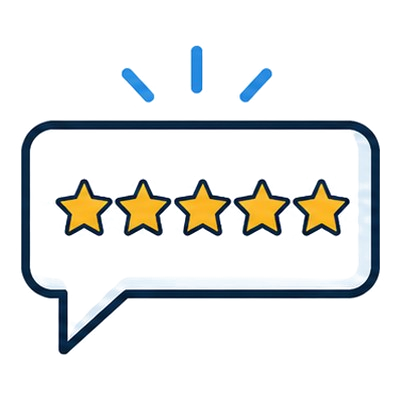 Five yellow stars over a speech bubble
