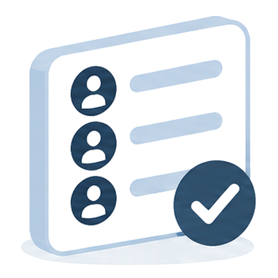 A list card with name lines and a check mark, the list of record and hygiene icon
