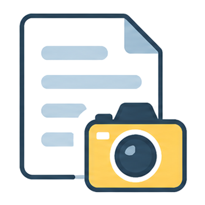 A page of text lines with a small camera, the content and photo plan icon