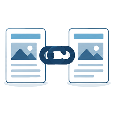 Two small pages joined by a chain link, the internal links and next step icon