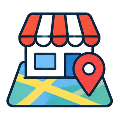 Shop front with striped awning on a map tile with a red pin