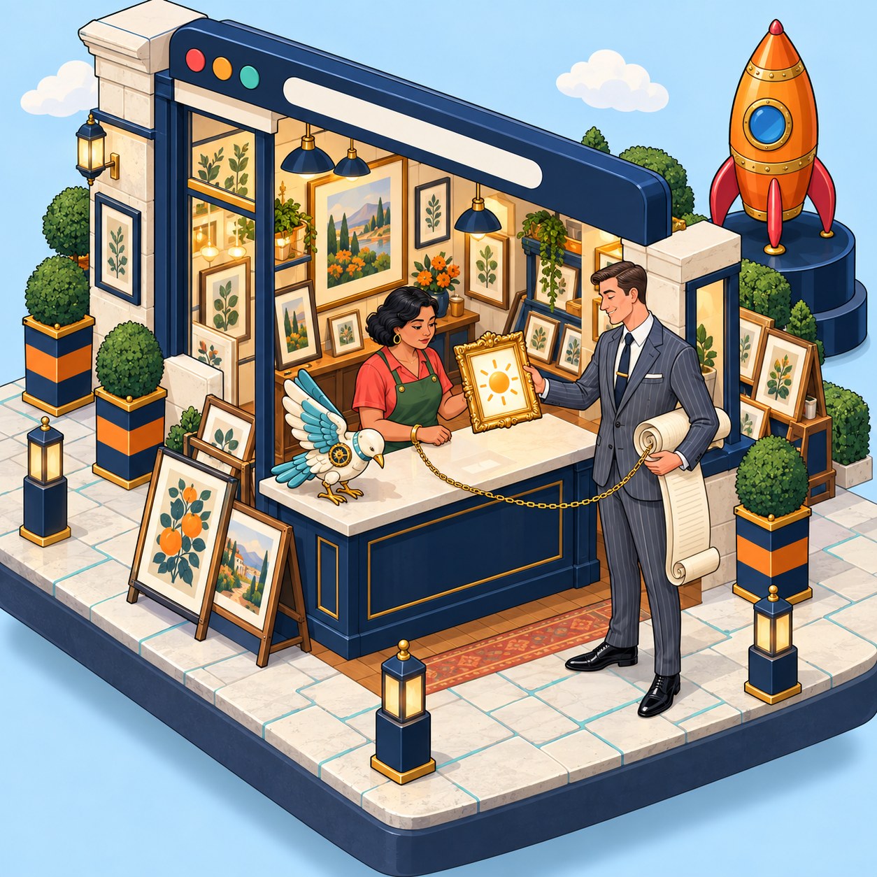 A salesman hands an art shop owner a framed report while a slack chain ties her to his invoices.