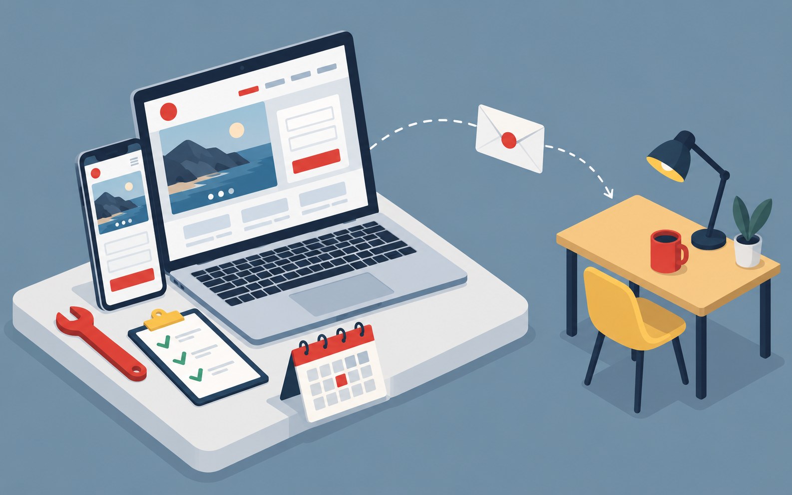 Laptop showing a small business website whose contact form sends an envelope to a desk, with a wrench and checklist.