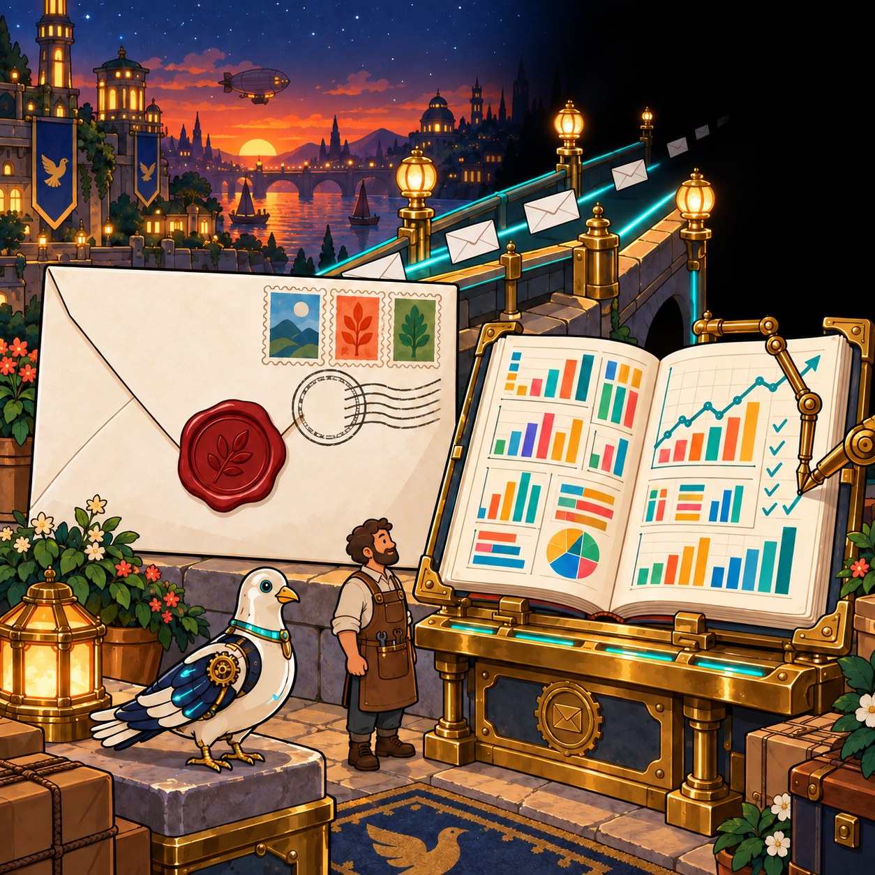 An envelope showing its seal, postmark and stamps beside a bright ledger ticking itself while the bridge behind runs into darkness.