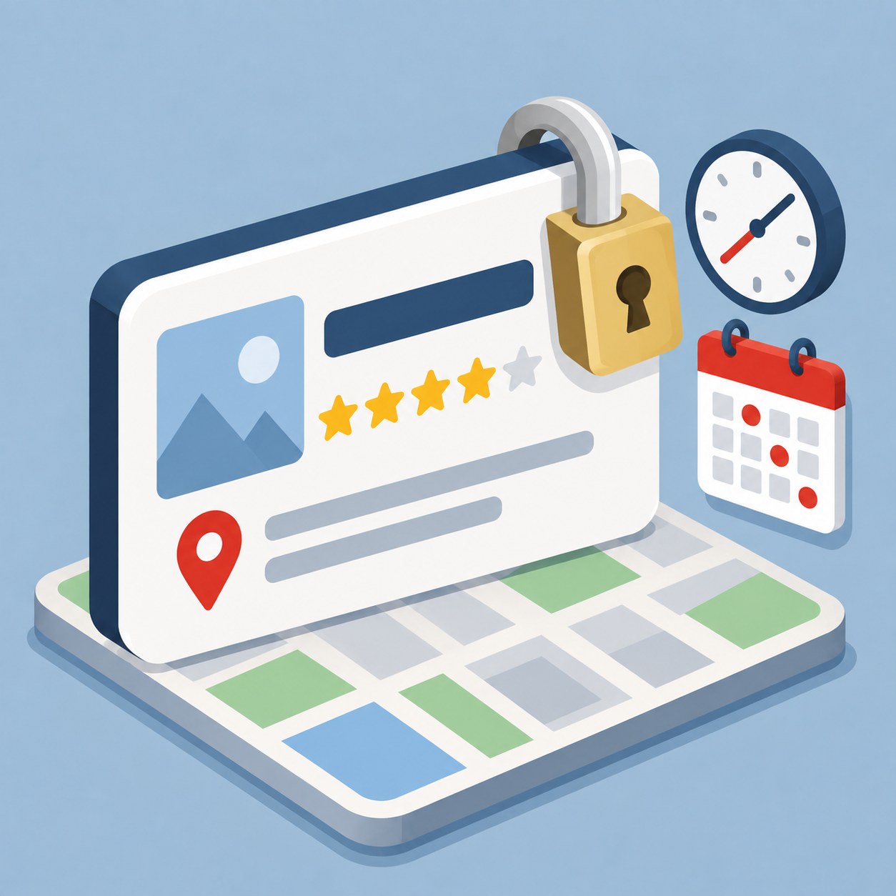 A local business listing card on a map tile locked with a brass padlock beside a clock and a calendar