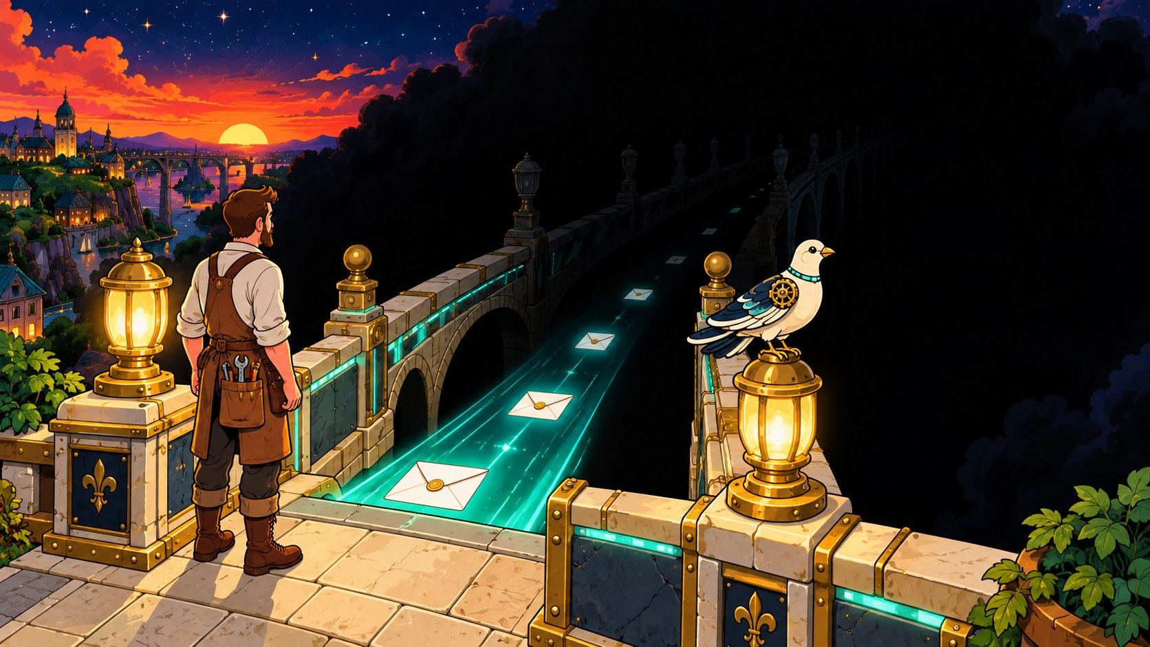 A lamplit bridge where only the first short span is lit and a man stands at that end; beyond it the deck, its lamps and the letters on it disappear into darkness.