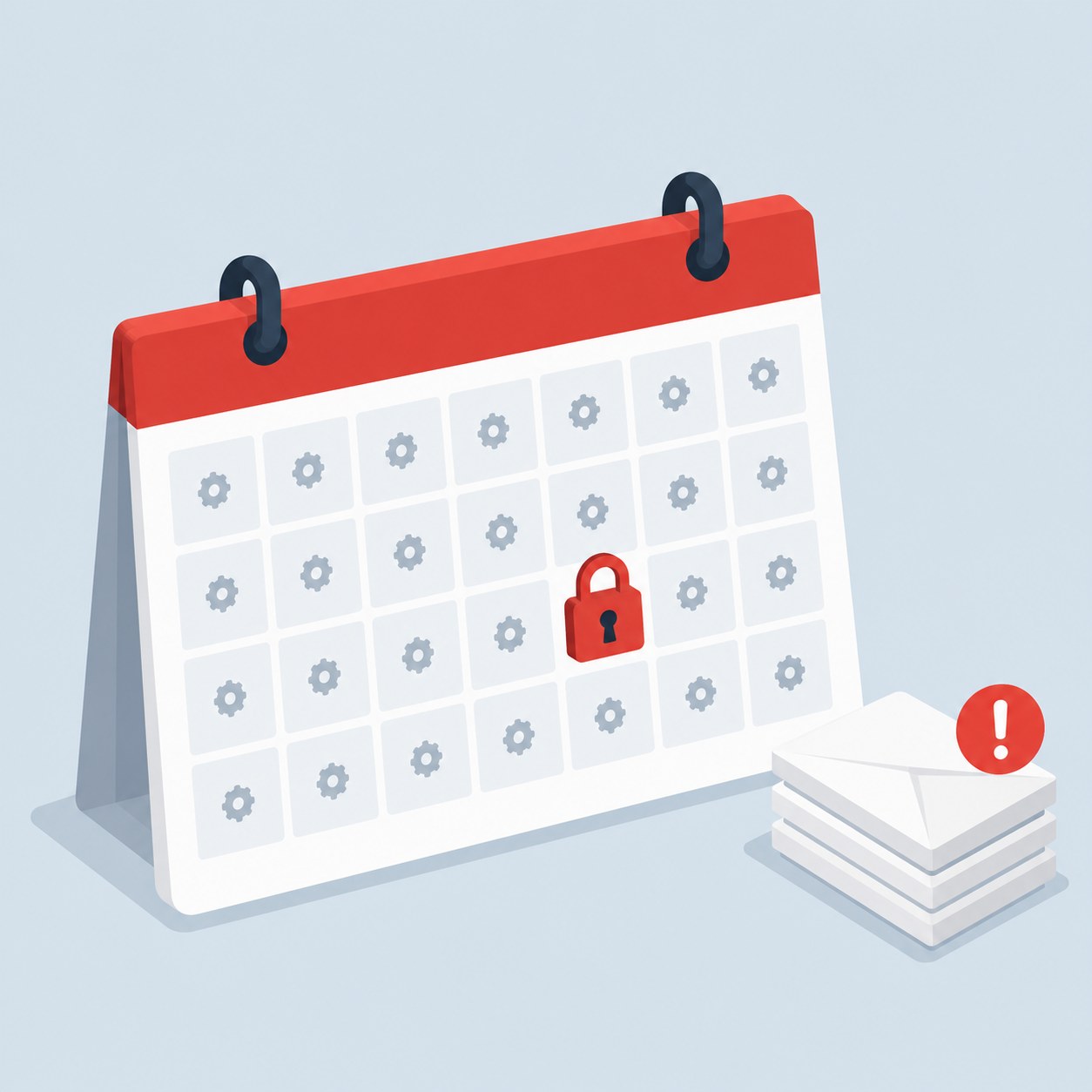 A month calendar with a small gear on every day and a red padlock over one day, beside a stack of alert envelopes.