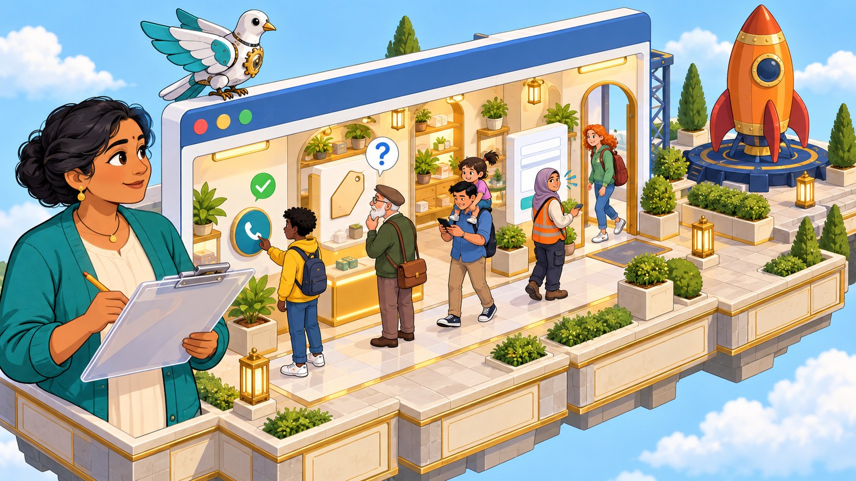 A shop owner with a clipboard quietly watches five visitors try her website's call button, prices and form.