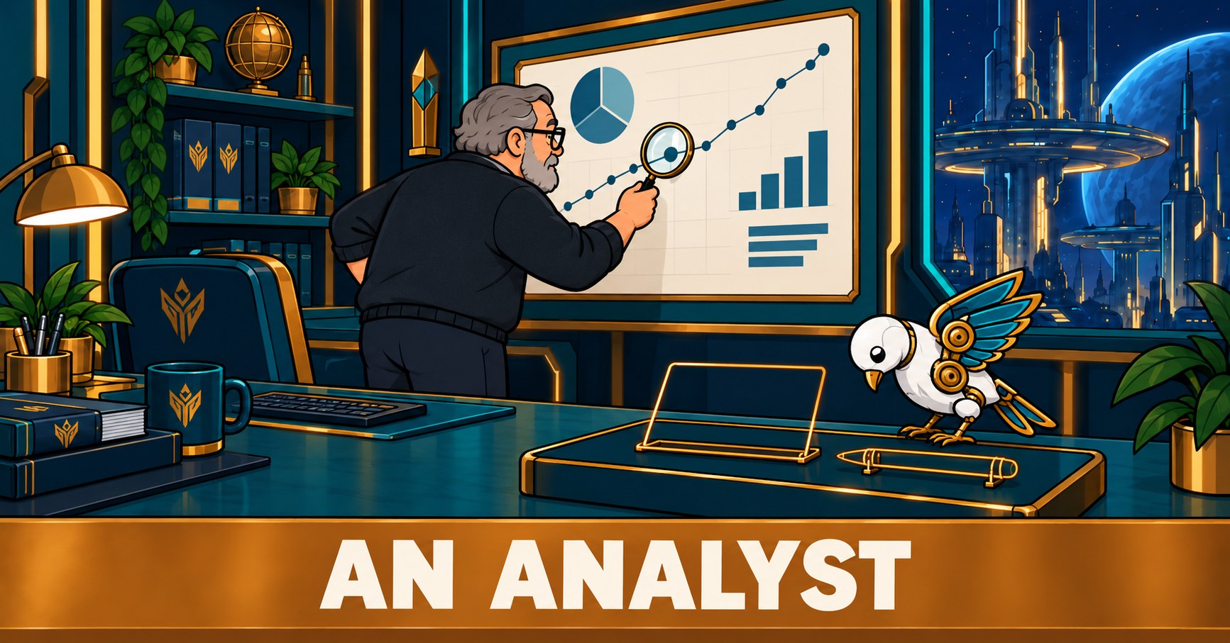An analyst studying a rising chart through a magnifier, with a blank definition card outlined in the foreground.