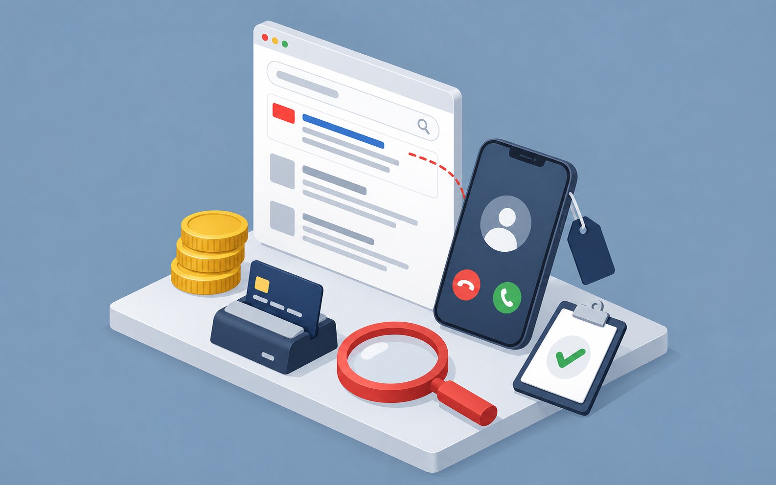 A search results panel with one ad result linked by a dashed line to a phone with a call tag, a bank card in a reader, coins and a checklist beside it.