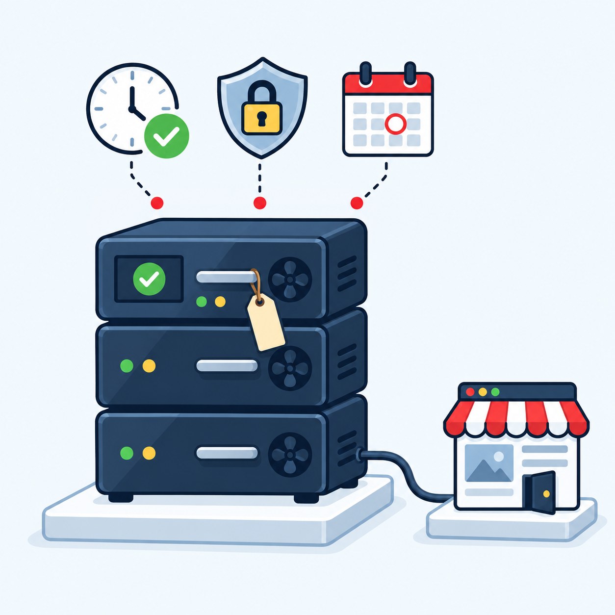A stack of three navy server units with status lights and a tag on the handle, three icons above for a scheduled check, a certificate and a calendar, and a cable to a small website window with a shop awning.
