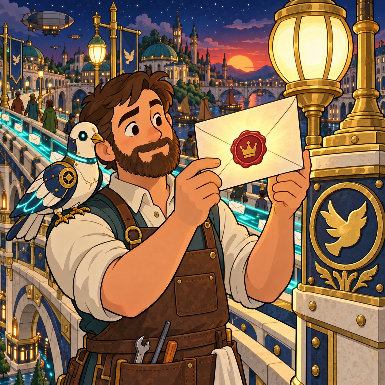 A man holds up one envelope sealed with red wax and a crown stamp before posting it.