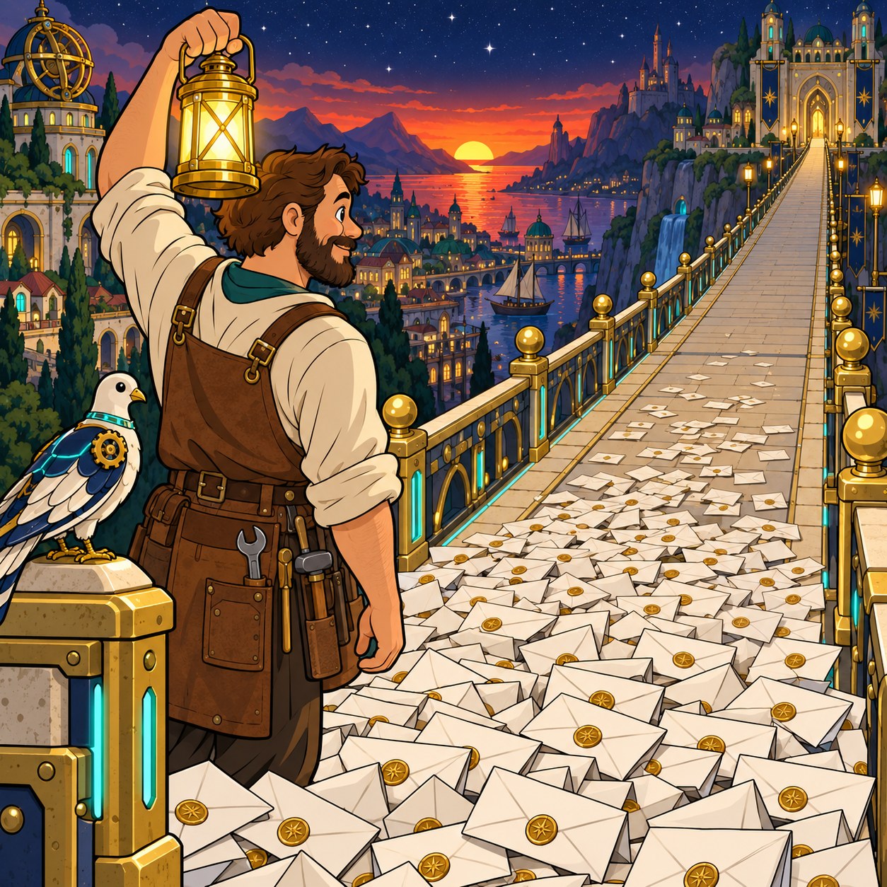 A man raises a lantern and looks back down a bridge carpeted with ninety days of envelopes.