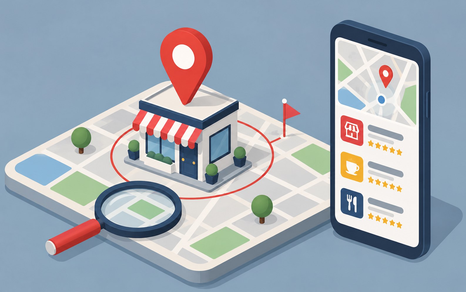 Storefront on a map tile with a red pin, a phone listing three local businesses with star ratings