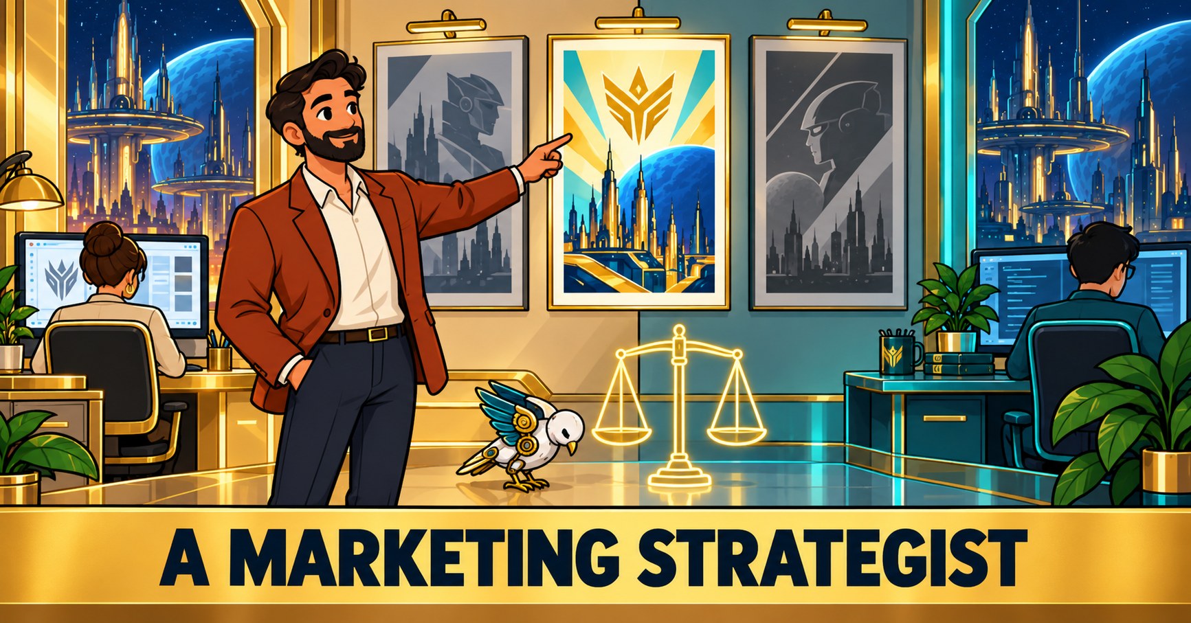 A strategist pointing at a chosen campaign while the room behind divides into two halves, with an empty balance scale on the line between them.