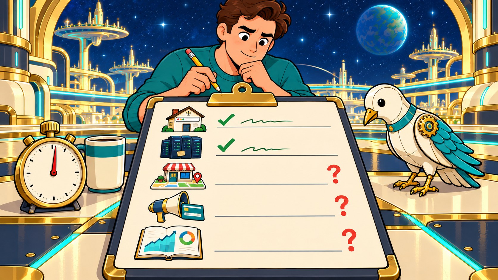 An owner ticks a clipboard checklist of the five accounts: two ticks, three question marks, a stopwatch beside him.